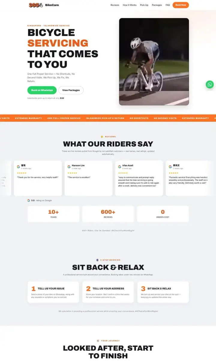Homepage of 360bikecare.com, a Singapore bicycle servicing website designed by Magic Dev Studio