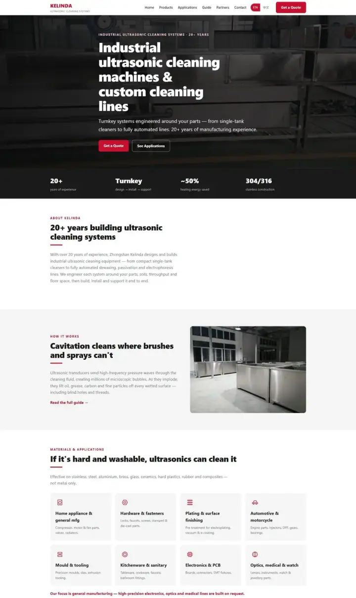 Homepage of kelindaultrasonic.com, an industrial ultrasonic cleaning machine website designed by Magic Dev Studio